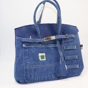 Repurposed Workwear Handmade 30cm Denim Structured Tote Bag with Silver Hardware